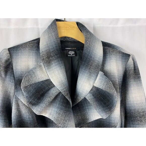 Robert Lewis Blue Gray Plaid Ruffled Belted Jacket Women's Medium. - Picture 9 of 16